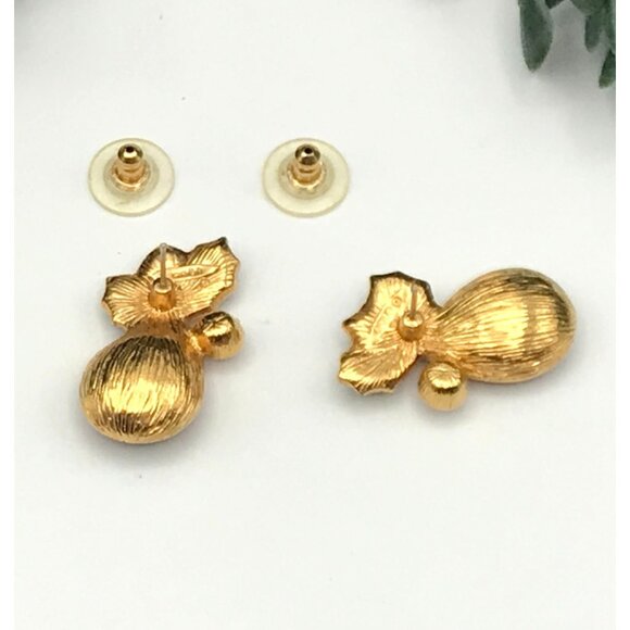 Vintage Gold Tone Holly Earrings With Red & Green Enamel Accents - Picture 3 of 4